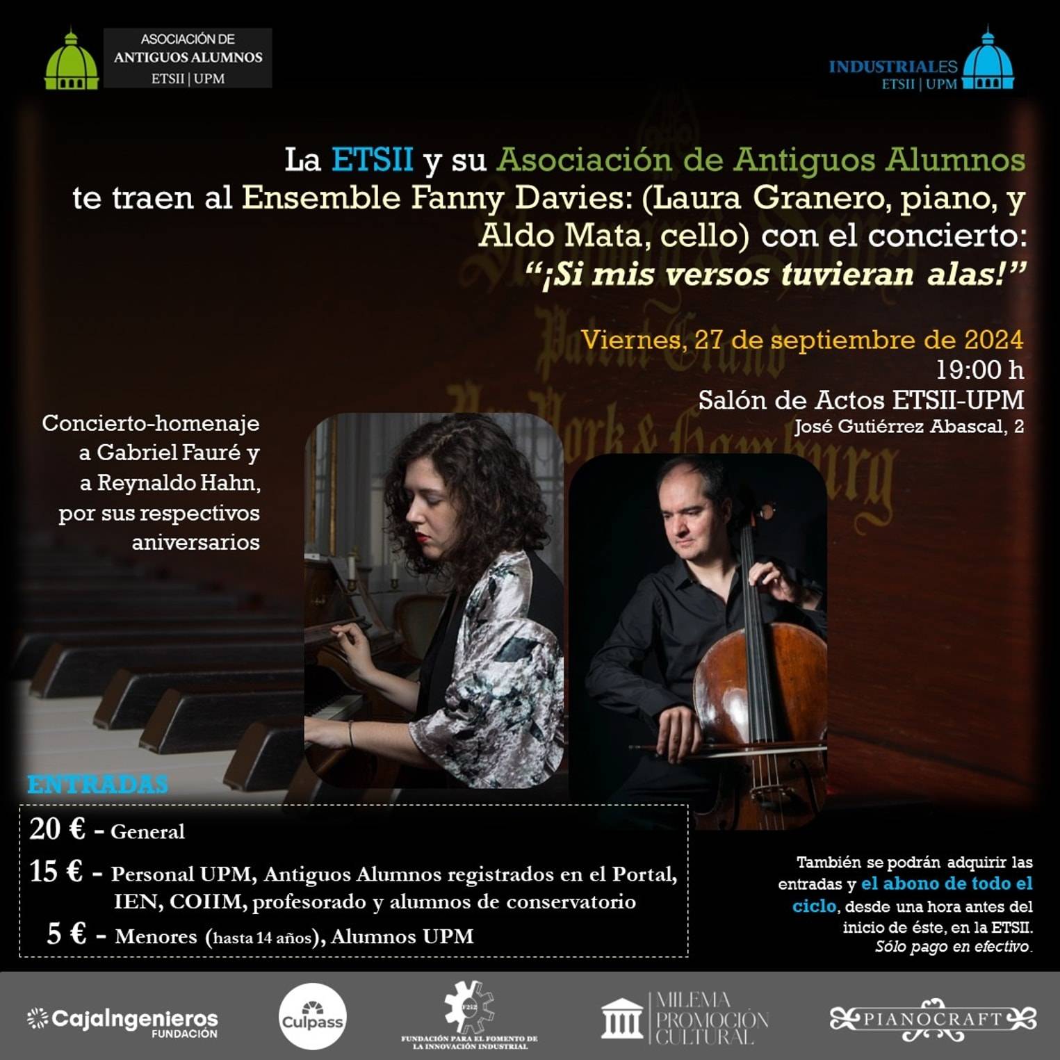 Concierto nº 1 (Ciclo "Piano y Cámara en Industriales"). Ensemble Fanny Davies: Laura Granero (piano) y Aldo Mata (cello).