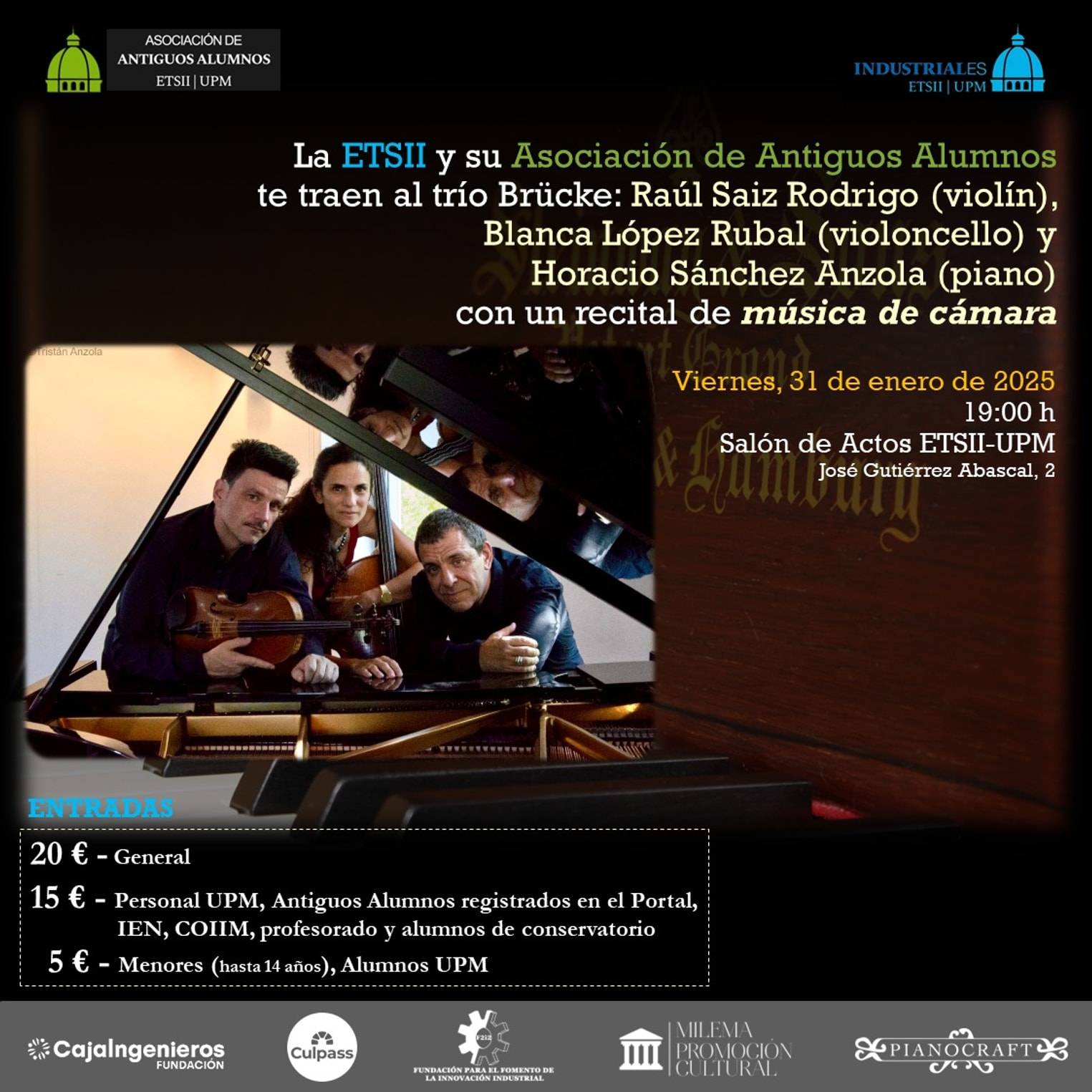 Concierto nº 4 (Ciclo "Piano y Cámara en Industriales"). Trío Brücke (Raúl Saiz Rodrigo, violín; Blanca López Rubal, violoncello, y Horacio Sánchez Anzola, piano).
