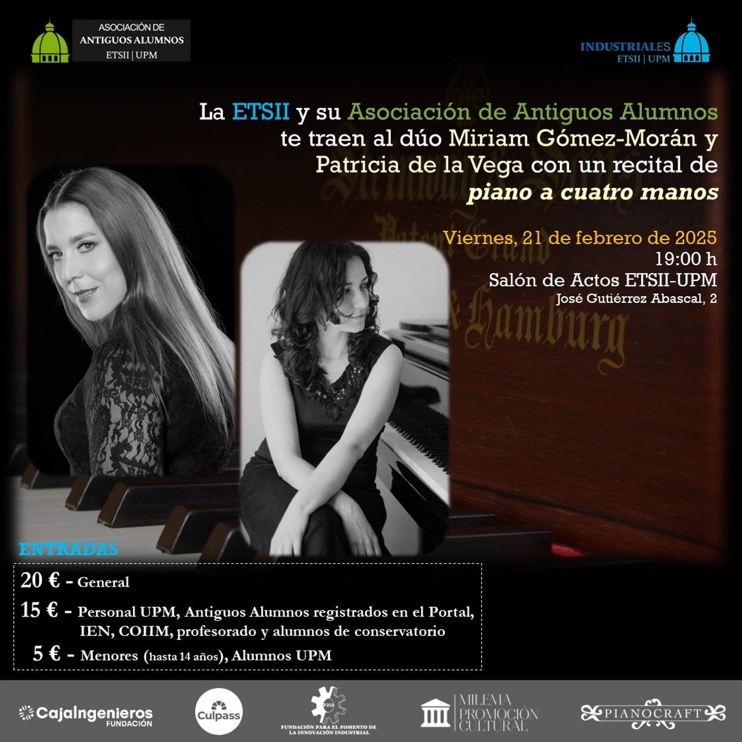 Concierto nº 5 (Ciclo "Piano y Cámara en Industriales"). Miriam Gómez-Morán y Patricia de la Vega, piano a 4 manos.